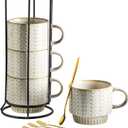 Coffee Mugs Set of 4 with Spoons & Stand, Stackable Espresso Cups 13oz Coffee Mug for Drinks Latte Cappuccino Tea, Coffee Cup for Women Men Couples Housewarming Birthday Gift, Dishwasher Safe (Beige)