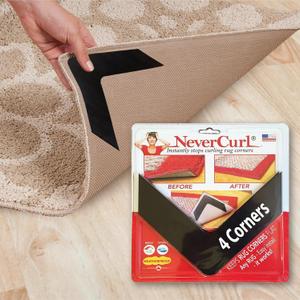 NeverCurl Best V Shape Design Rug Corner Gripper to Instantly Stops Corner Curling - Safe for Wood Floors - For Indoor & Outdoor Rugs - Carpet / Rug Tape - Not An Anti-Slip Pad - Rug Grip (4 Pack)