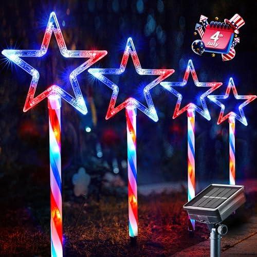 Solar 4th of July Decorations Outdoor, 4PCS Red White Blue Star Lights with Lighted Stakes, 8 Modes, Waterproof Patriotic Stars Pathway Lights for Memorial Day Independence Day Garden Yard Lawn Décor