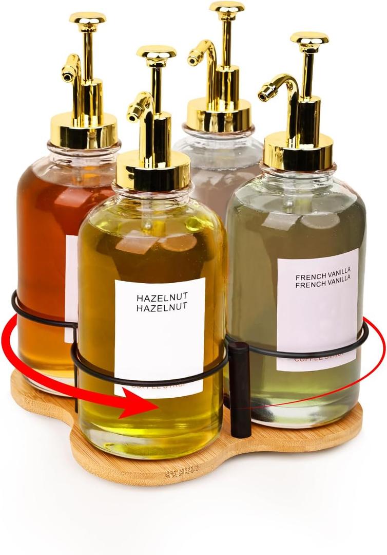 Rotating Coffee Syrup Organizer, Syrup Bottle Holder for Coffee Syrup Dispenser 16.9oz, Bamboo Coffee Syrup Rack for Coffee Bar Station Countertop, Coffee Bar Accessories(Syrup Rack Only) (S-4 Slots)