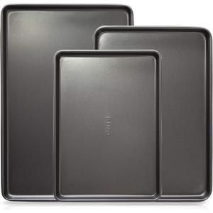 BINO Bakeware Nonstick Cookie Sheet Baking Tray Set, 3-Piece - Gunmetal | Non Stick Baking Pans Set | Carbon Steel Tray Bakeware Sets | Oven Safe | Cookie Sheet Pans | Food-Safe