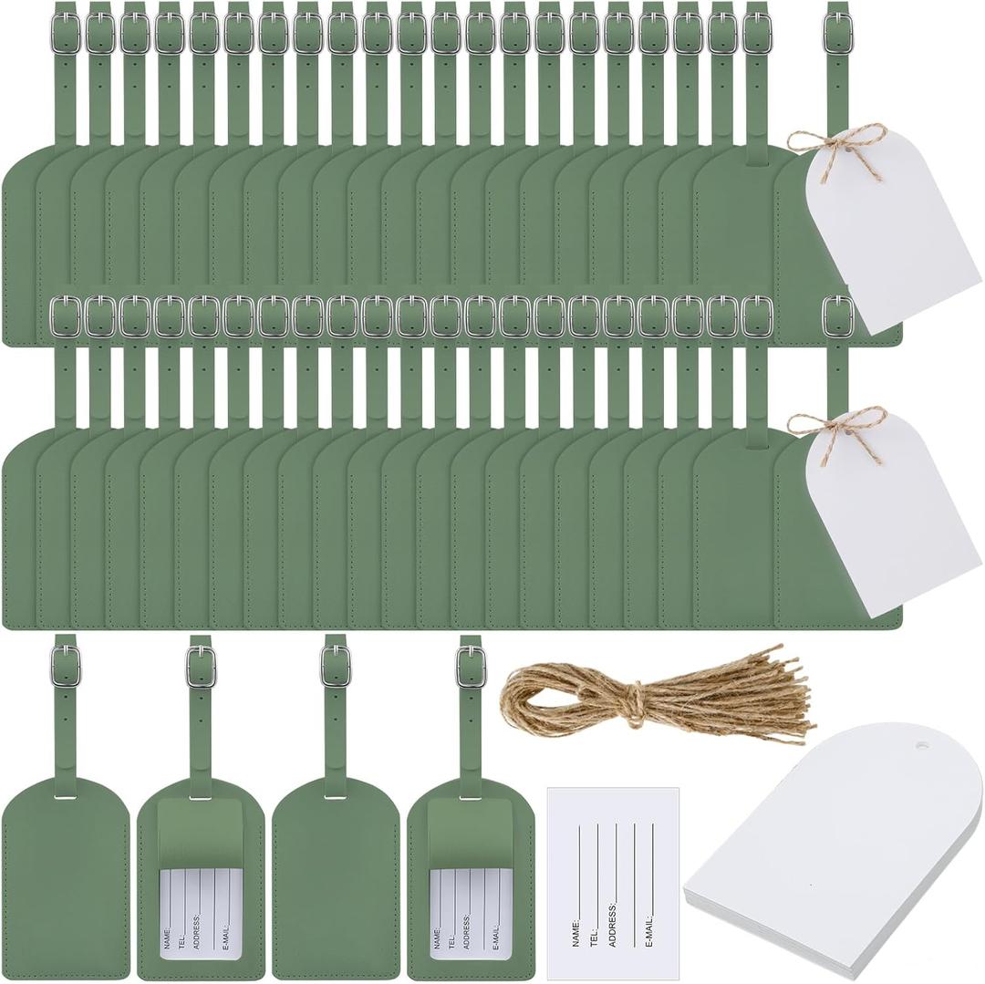 Amylove 48 Sets Leather Luggage Tags Bulk Wedding Favors Luggage Tags for Guests Bridal Gifts Wedding Bridal Shower Gift PU Leather with Name ID Card Tag for Guests (Olive Green)