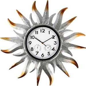 25-Inch Silver Sun Outdoor Clock with Thermometer, 10-Inch Dial