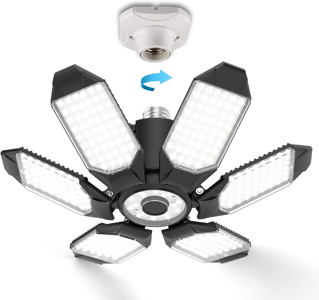 BRAINIAC LED Garage Light Bulb 150W 15000LM Deformable Garage Lights Ceiling led with 6 Adjustable Panels, E26/E27 Screw in Shop Lights for Basement Barn Porch