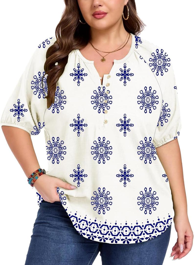 ForHailey Women's Plus Size Short Sleeve Summer Tops Casual Button Down V Neck Blouses Floral Clothing Trendy (White, M)