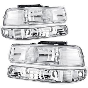 Headlights Assembly Compatible with 99-02 Chevy Silverado / 00-06 Tahoe Suburban Headlights Headlamp with Bumper Lights, Chrome Housing Clear