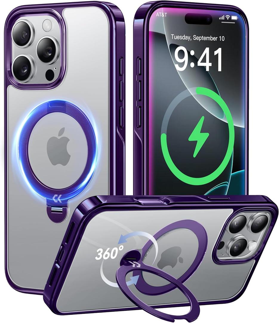CASEKOO Titanium for iPhone 16 Pro Case with 360 Spin Magnetic Stand [Compatible with Magsafe][16FT Military Protection] Slim Polished Frame Titanium Alloy Sturdy Stand 6.3'', Premium Purple