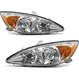Headlight Assembly for 2002 2003 2004 Toyota Camry Le/Xle Sedan 4-Door Driver Hybrid Headlamp& Passenger Side(Chrome Housing with Amber Reflector)