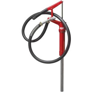 Lincoln 1335 Lever-Action Fluid Transfer Pump, Fits 16- to 55 Gallon Drums, 8.5 Fl. Oz. Per Stroke, 2" Bung, Brass Rings, 6' Removable Hose, Steel Outlet Nozzle, Check Valve, Multi-Position Handle