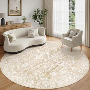Soalmost Washable Round Rug 8ft for Living Room, Soft Ultra-Thin Non-Slip Vintage Floral Circle Area Rug, 8x8 Round Throw Carpet for Dining Room Nursery Bedroom Kitchen (Beige, 8'Round)