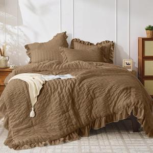 JOLLYVOGUE Queen Comforter Set, 3 Pieces Oak Brown Seersucker Comforters Queen Size, Lightweight & Fluffy Bedding Sets for All Season with 1 Ruffle Comforter and 2 Ruffle Pillowshams