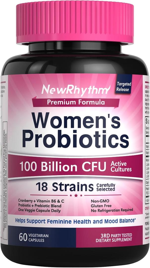 NewRhythm Probiotics for Women, P-5-P, Vitamin C & Organic Cranberry, 100 Billion CFU 18 Strains, Prebiotics & Vaginal Probiotics for Digestive Health & PH Balance, 60 Capsules, No Dairy (EXP: 05/2028)