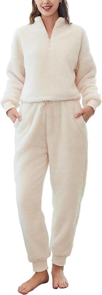 Hooever Womens Fluffy Pajamas Set Fleece Pullover Warm Sleepwear 2 Piece Lounge Sets with Pockets, Medium, Ivory 