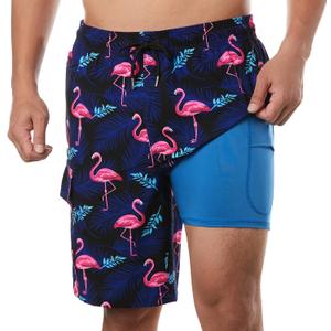 BRISIRA Mens Swim Trunks 9 Inch Inseam Board Shorts with Compression Liner Swimsuit Bathing Suit Quick Dry Cargo Pocket (40, Flamingo)