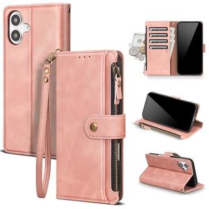 Scutumate Compatible with iPhone 16 Plus Wallet Case with Card Holder RFID Blocking Zipper Poket PU Leather Flip Case with Wrist Strap Credit Card Slots Men Women,for Apple 16 Plus,Rose Gold