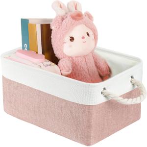 Storage Bins with Sturdy Cotton Handles(1 Pack), Fabric Storage Baskets for Organizing use for Office & Home, Book, Clothes, Toys, Closet Boxes (Small, Pink-White, 12.2x8.3x6.3 inches)