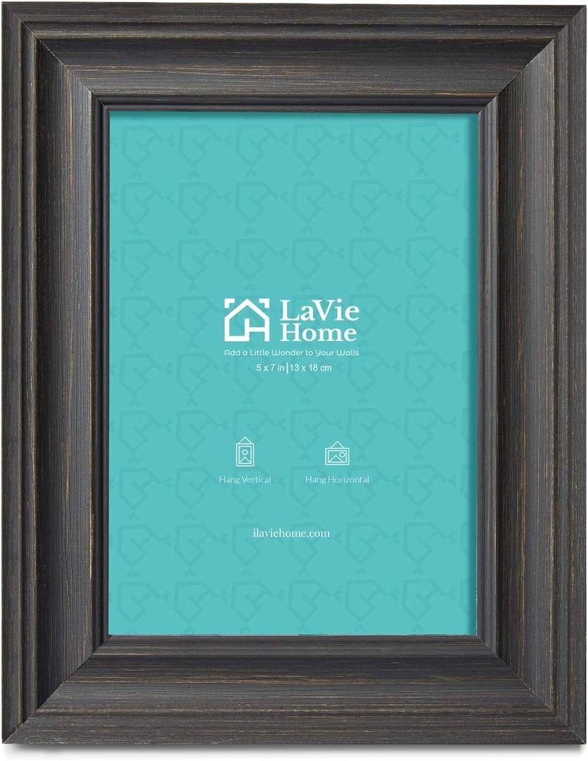 LaVie Home 5x7 Picture Frames (1 Pack, Black) Rustic Photo Frame Set with High Definition Glass for Wall Mount & Table Top Display