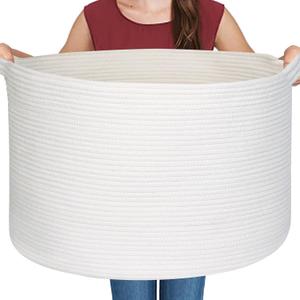 White Cotton Rope Storage Basket, 22" X 22" X 14" Extra Large Blanket Storage Living Room, XL Soft Toy Bin for Organizing, Woven Baby Laundry Basket with Handle, White Wicker Hamper Nursery