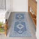 Seavish Large Blue Boho Bathroom Rugs, 24x60 Inch Vintage Farmhouse Absorbent Bath Mat, Washable Non Slip Bathroom Runner for Vanity Sink Tub Laundry, Oriental Distressed Plush Microfiber Bath Rugs