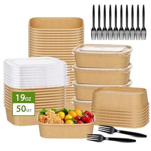 50-Pack 19oz Disposable Kraft Paper Bowls with Lids and Forks, Disposable Meal Prep Containers Bowls Disposable Food Prep Container with Lids, Freezer and Microwave Safe for Hot Soup Cold Food Takeout