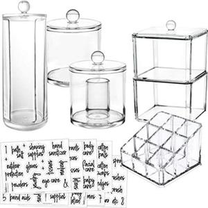 6-Pack Makeup Organizer Acrylic Plastic Containers. Bathroom Beauty Storage Set: 5 Canisters & 107 Printed Labels Organization