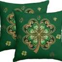 AVOIN colorlife St Patricks Day Gold-Embellished Clover Throw Pillow Covers, 18 x 18 Inch Retro Style Shamrock Cushion Case Decoration for Sofa Couch Set of 2