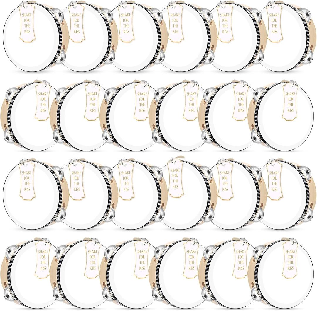 24 Set 6 Inch Tambourine for Adults Wooden Hand Held Drum with Metal Jingles, Gift Tags, White I Love You Printed Ribbon Percussion Gift Musical Instrument for Church Wedding Party Favor(black)