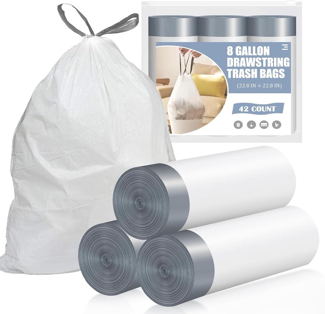Drawstring 8 Gallon Trash Bags - 42 Count Pre-separated Medium Trash Bags 8 Gallon, White Unscented 8 Gal Garbage Bags