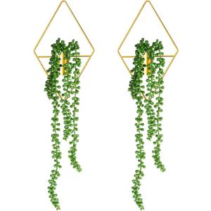 Jexine 2 Pcs Boho Wall Decor Gold Hanging Planters with Artificial Plants Wall Art Mounted Metal Home Decor Display Bedroom Bathroom Living Room (Succulent Plants)