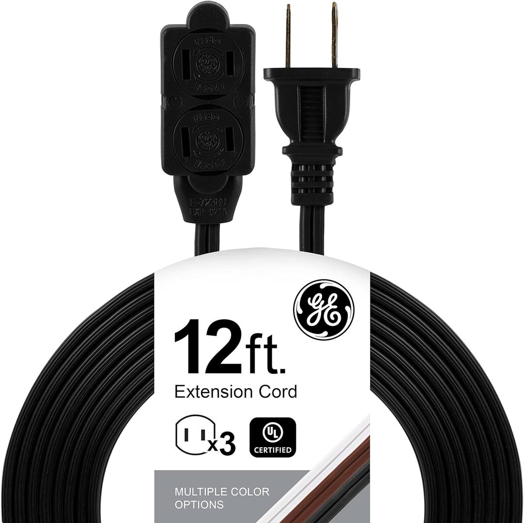 GE 3-Outlet Extension Cord with Multiple Outlets 12 Ft Power Strip 2 Prong 16 Gauge Twist-to-Close Safety Covers Outdoor Extender UL Listed Black 45152