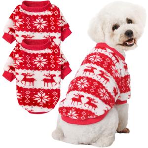POMIU Dog Sweater, Dog Sweaters for Small Medium Dogs or Cat, Warm Soft Flannel Pet Clothes for Dogs Girl or Boy, Dog Shirt Coat Jacket (Xmas Red+Xmas White, Medium)