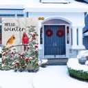 Hello Winter House Flags for Outside, Cardinal Christmas Garden Flag 28x40 Inch Double Sided, Pine Twigs Berry Large Burlap Yard Flag for Outdoor Winter Decorations