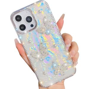 Trendy Elegent Girly Compatible with iPhone 15 Pro Case,Shining Cute Pearl Texture Soft Glitter Diamond Shockproof TPU Bumper(Butterfly,15Pro)