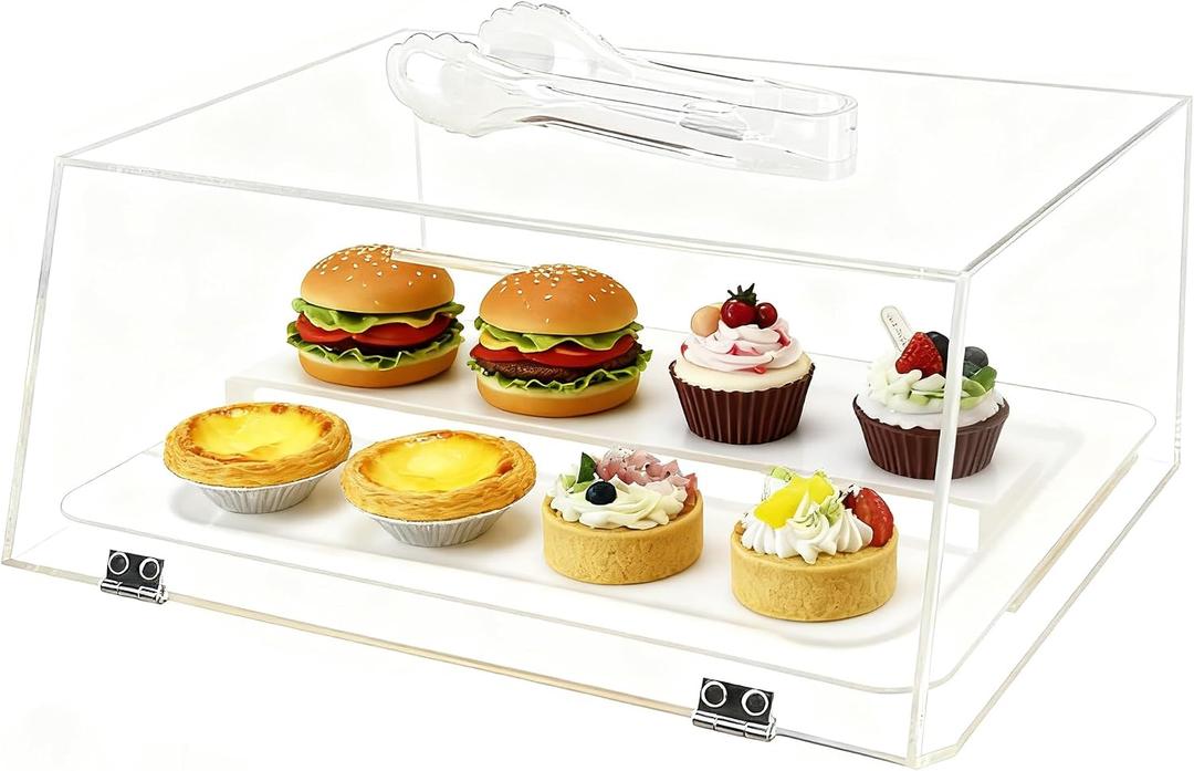 Stackable Bakery Display Case Acrylic Pastry Counter Top Display Box Organizer Storage Container for Bagels, Bread 14.96" x 6.50" x 12.01" Slanted Door with 2 stainless steel hinges