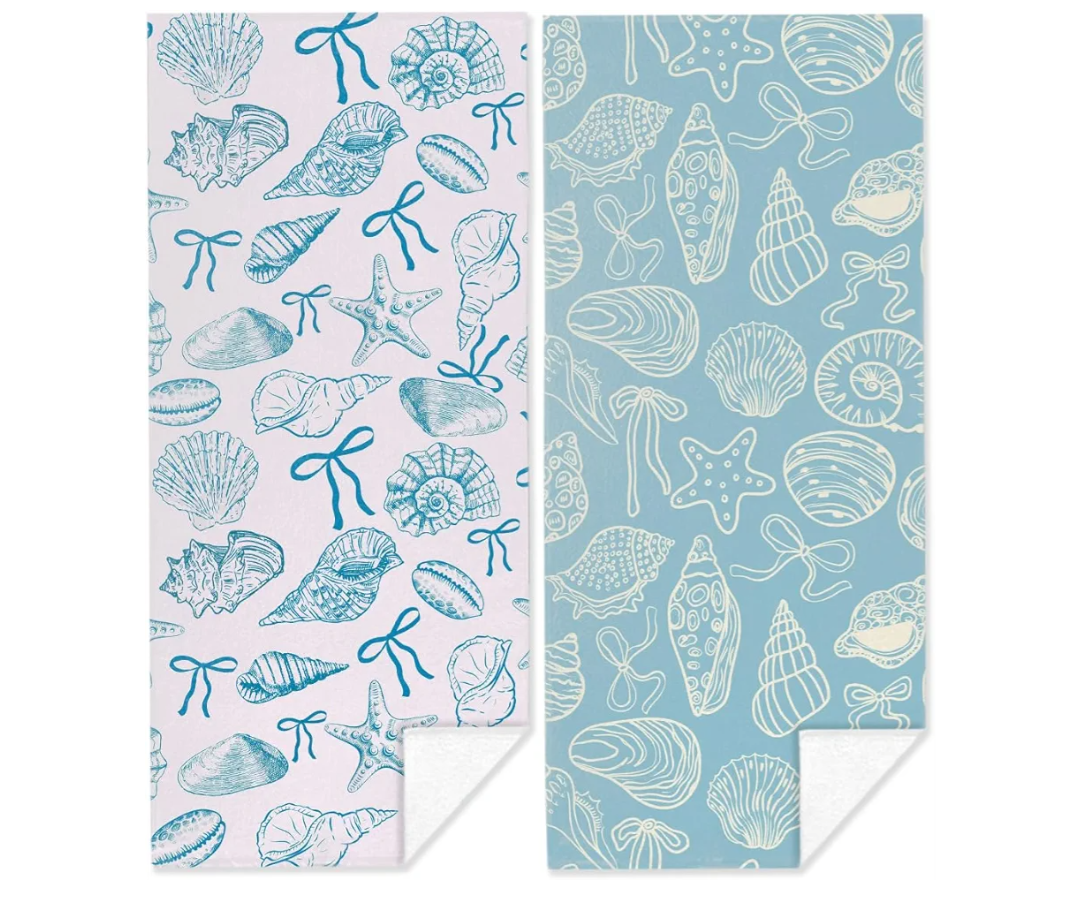 2 Pack Coastal Ocean Starfish Sea Shell Coquette Bow Pattern Beach Towel Microfiber Thin Lightweight Quick Dry Oversized Swim Towels Beach Accessories Necessities for Pool Camping Travel 32x71 inch