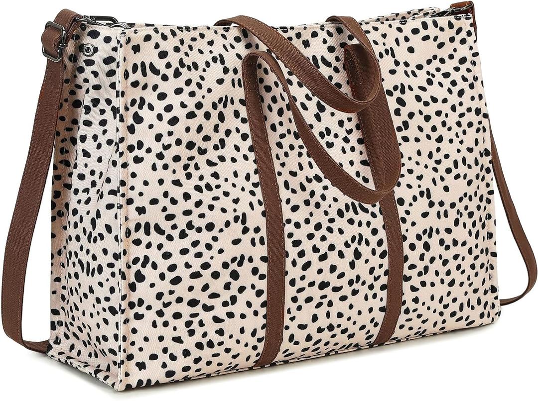 Laptop Tote Bag for Women Work 15.6 inch Canvas Shoulder Bags Computer Messenger Purse Teacher Handbag Office Briefcase (A-leopard - Apricot)