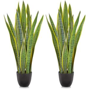 Hollyone 2 Set Artificial Snake Plant Potted, 28 Inch Faux Sansevieria Trifasciata Plants Large Tall Tropical Fake Snake Plants Tree in Black Pot for Home Office Room Patio Garden Indoor Outdoor Decor