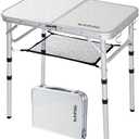 YUFIFAIRY Small Folding Camping Table, 2ft Portable Table with 3 Adjustable Heights, Aluminum Lightweight Foldable Picnic Table with Mesh Layer and Extension Legs for RV, BBQ and Indoor (Silver)