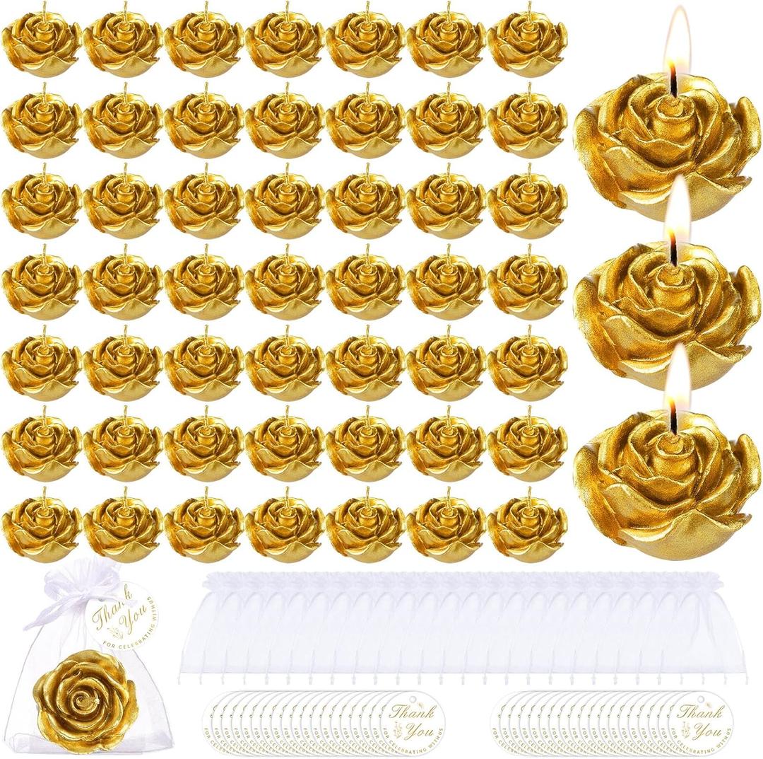 Treela 50 Set Flower Candles Wedding Favor for Guests Mini Gold Rose Shaped Tealight Candles for Return Gift Wedding Birthday Bridal Shower Housewarming Party