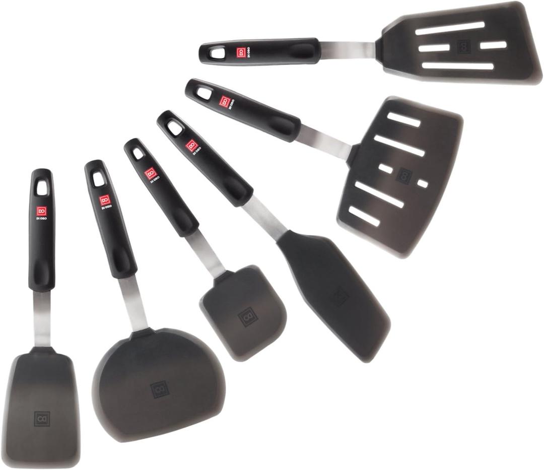 DI ORO Silicone Turner Spatula Set - Kitchen Spatulas for Nonstick Cookware - 600F Heat-Resistant & BPA Free - Flexible & Thin Flippers for Turning Eggs & Pancakes (6 Piece, Black)