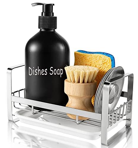 TEZZ Sponge Holder for Kitchen Sink, Stainless Steel Kitchen Storage Sink Caddy for Organizing Sponge, Brush & Dish Soap Dispenser, Sink Organizer Rack with Adhesive or Counter top, Silver