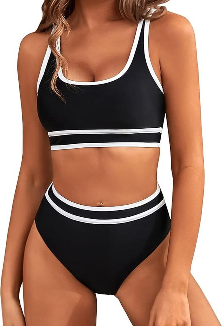 Women's High Waisted Bikini Sets Sporty Two Piece Swimsuits Color Block Tummy Control Modest Bathing Suit（Black/Bikin Set） (Black, M)