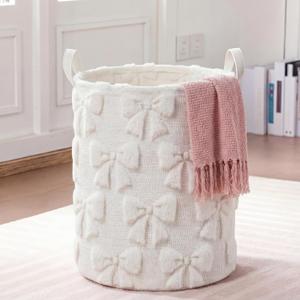 Blushtier White Bow Laundry Hamper Girls Room Decor Coquette White Bow Plush Faux Fur Basket Kids Large Storage Basket Collapsible Organize Bins for Gifts Toys Blanket Clothes Nursery Bedroom