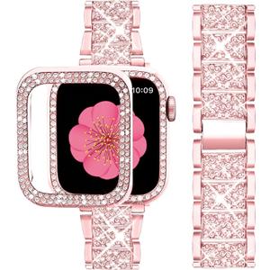 SUPOIX Compatible with Apple Watch Band S11 S10 46mm + Case, Women Jewelry Bling Diamond Metal Strap & 2P Cover Cases for iWatch Series 11/10(Rose Pink,46mm)