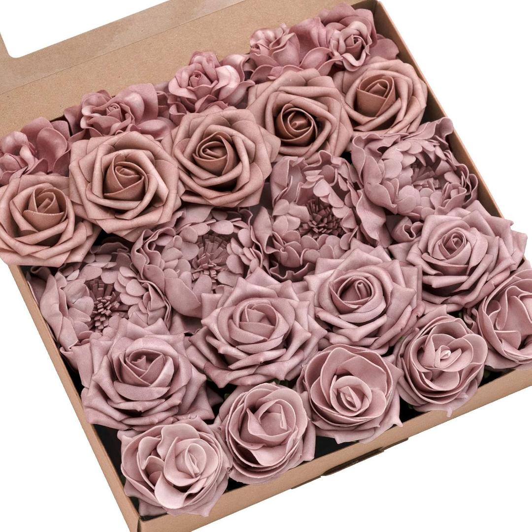 Ling's moment Artificial Flowers Fake Roses Faux Foam Peonies Combo for DIY Wedding Bouquets Centerpieces Arrangements Bridal Shower Party Home Decorations, Dusty Rose, 23pcs