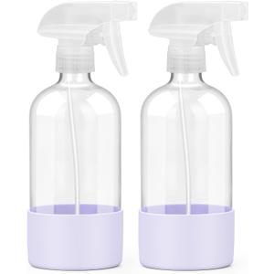 2 Pack Glass Spray Bottles with Silicone Sleeve, 16 oz Empty Refillable Containers with Adjustable Spray Nozzles, Spray Bottles for Hair, Cleaning Solutions and Plants Purple