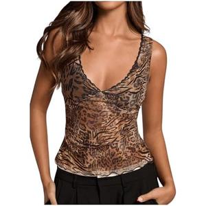 Milumia Women's Leopard Print See Through Crop Tank Top V Neck Sleeveless Going Out Tops Large