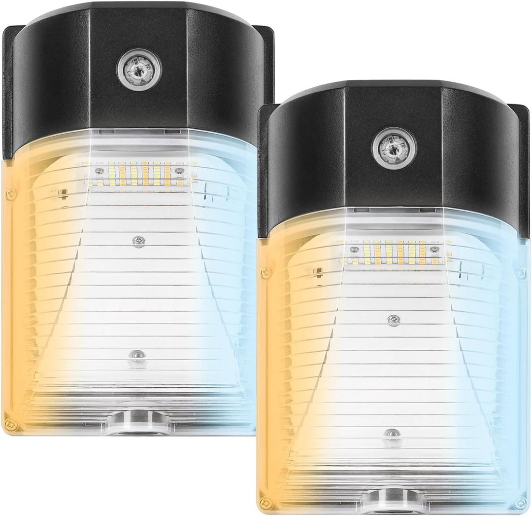 CINOTON 26W LED Wall Pack Light with Dusk to Dawn Sensor, 3CCT 3000K/4000K/5000K, 26W/18W/13W Switchable, [100-277Vac] IP65 Waterproof Outdoor Security Flood Lighting for Garage Warehouse 2 Pack (Black)