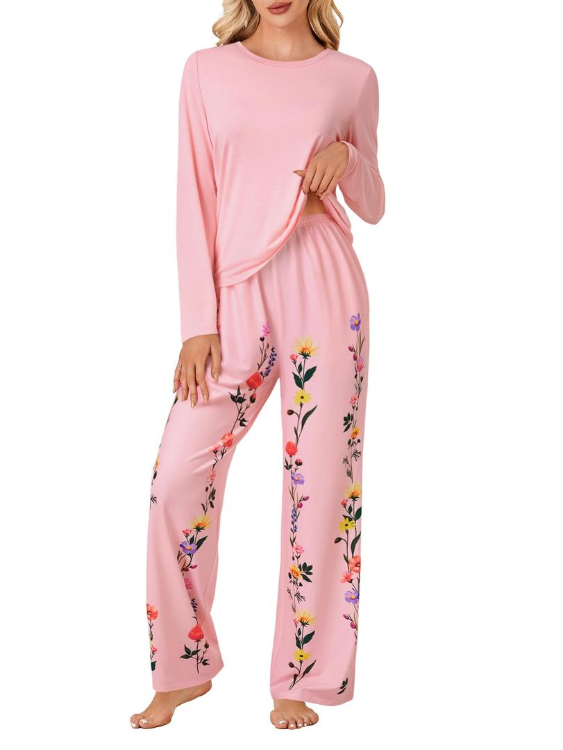 LYANER Women's Pajama Sets Long Sleeve Top and Floral Pants Pjs 2 Piece Sleepwear with Pockets Pink Large