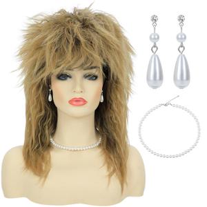 80s Women Rock Diva Costume Wig with Necklace and Earring for Women Big Hair Blonde 70s 80s Rocker Mullet Wigs Glam Punk Rock Rockstar Cosplay Wig for Halloween Party (Blonde)